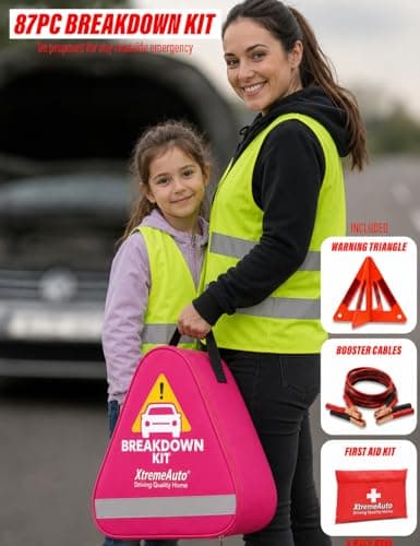 Xtremeauto Car Breakdown Emergency Kit – Roadside Car Safety Kit with Warning Triangle, Hi-Vis Vest, Tow Rope, Jumper Leads, First Aid Kit & Storage Case – Essential Car Kit for UK & Europe (Pink) — view 2
