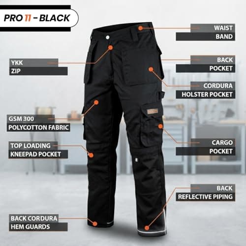 WrightFits Men Pro-11 Work Trousers Black - Heavy Duty Safety Combat Cargo Pant - Multi Pockets & Knee Pad Pockets - Triple Stitched -Durable Work wear (38W X 31L, Black) — view 2