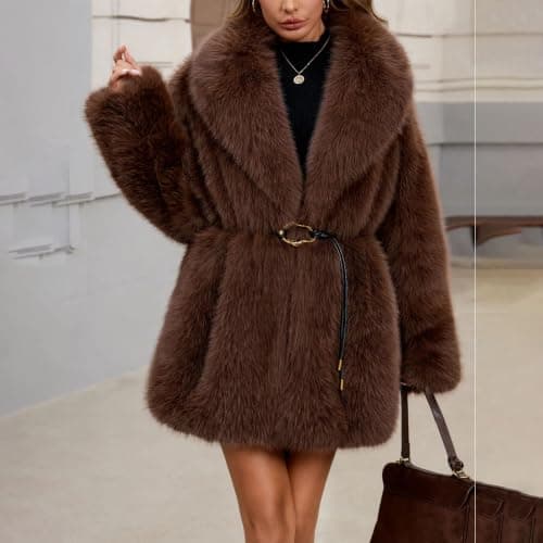 Brown Womens Faux Fur Coat Lapel Belted Warm Winter Jacket with Pockets XXL — view 3
