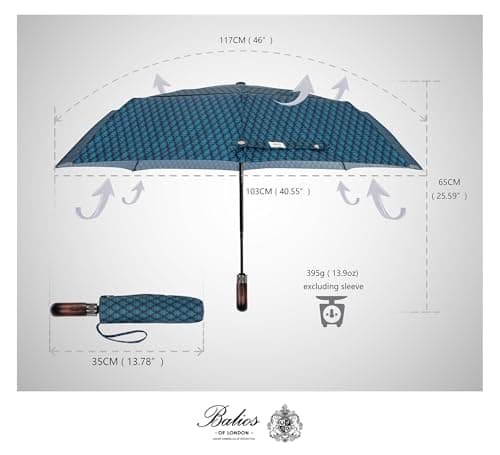 Balios Folding Umbrella Real Wood Handle Cypress Leaves Teal Blue — view 4