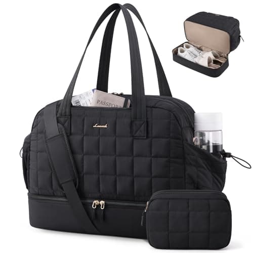 LOVEVOOK Travel Bags for Women, Lightweight Puffer Weekend Hospital Maternity Overnight Holdall Duffle Bag, Gym Bag with Shoe Compartment & Wet Pocket, Carry On Hand Luggage Womens Flight Bags, Black