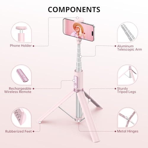 ATUMTEK 1.4m Selfie Stick Tripod, All-in-one Extendable Aluminum Phone Tripod with Rechargeable Bluetooth Remote for iPhone, Samsung, Google, LG, Sony and More, Fitting 4.7-7 inch Smartphones, Pink — view 6