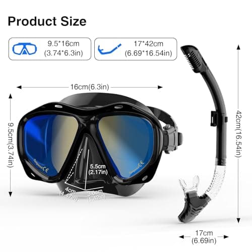Snorkeling Gear for Adults, Snorkel Mask With Mirrored Tempered Glass Lens 180° Wide View Anti-Fog Scuba Diving Mask, Professional Snorkel Set for Swimming Diving (Black) — view 6