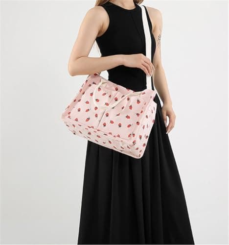 OrcoW Women's Canvas Tote Bags Strawberry Handbag with Removable Strap Large Crossbody Shoulder Laptop Purses Tote Bag Large Corduroy Canvas Cross body Bag for School Shopping Work Travel Gym — view 5