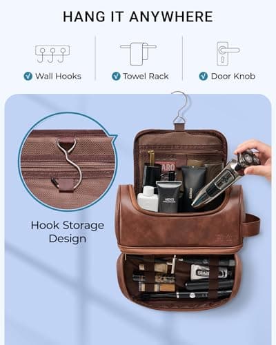 Elviros Large PU Hanging Toiletry Bag for Men Double-Layer, Dark Brown — view 6