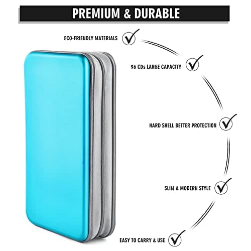 Bivisen 96 Capacity CD/DVD Case Storage Holder Binder Organizer Portable Zipper Hard Plastic CD/DVD Cases Organizer Wallet Book for Car Home Travel (Sky Blue) — view 3