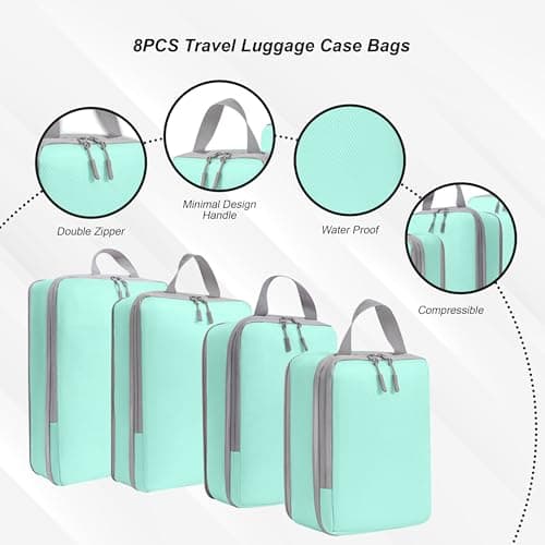 White Hawk 8-Pcs Compression Packing Cubes for Suitcases – Waterproof Diamond Polyester, No Mesh, Space-Saving Luggage Organiser, Travel Bags for Suitcases, Backpacks & Carry-Ons (Aqua) — view 2