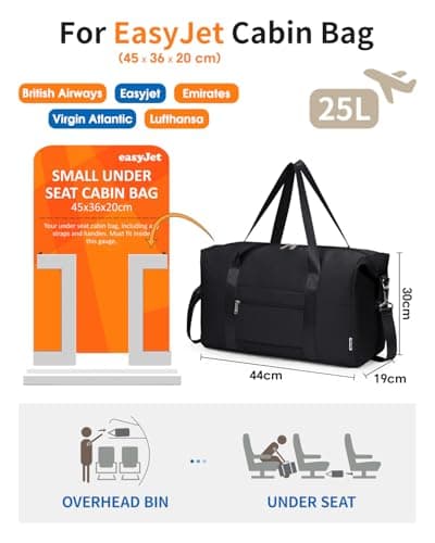 Narwey for Easyjet Cabin Bag 45x36x20 New Easyjet Underseat Foldable Hospital Bag Weekend Overnight Bags for Women Travel Duffel Carry on Luggage for Men 25L (Black) — view 2
