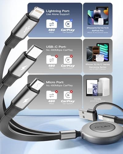 Minlu 5 in 1 Retractable Charging Cable with Data Transfer, 2Pack — view 4