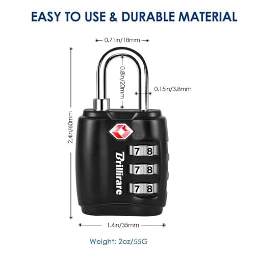 Brillirare TSA Approved Luggage Locks, Combination Travel Padlock, Zinc Alloy 3-Digit Waterproof Lock, TSA Accepted Outdoor Keyless Resettable for Lockers, Bags, Backpack, Gym, Gate-Black — view 2