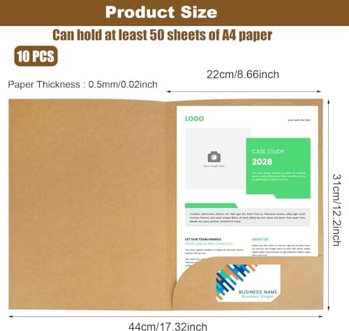 LATERN 10Pcs A4 Document File Folder, Kraft Paper Square Cut Folders Insert Presentation Paper Holder Storage Pouch Portfolio Paperwork Organizer with Cards Slot Folders for Office School (Khaki) — view 4