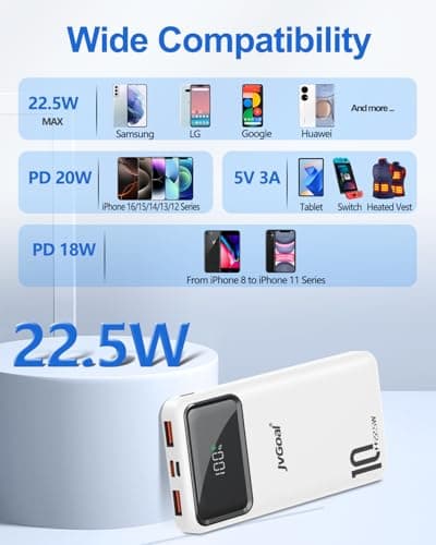JVGoal Power Bank Fast Charging 10000mAh, 22.5W Portable Charger PD3.0 QC4.0 USB C Input & Output, Phone Battery Pack Compatible with iPhone 16 15 Plus Pro Max, iPad, Samsung, Tablet and More (White) — view 6