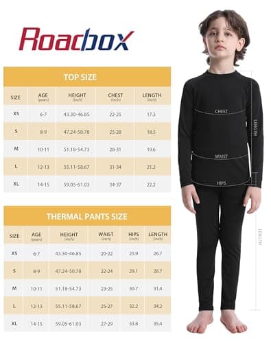 Roadbox Boys Thermal Underwear Set - Kids Fleece Lined Tops & Bottom Compression Soft Long Johns Base Layer for Skiing Black — view 6