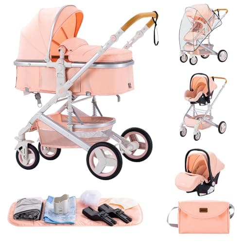ALYIKOU 3-in-1 Prams Travel System, Shock Absorption Baby pram,0-4 Years, Up to 22 kg, Foldable, Compact and Reclining Baby Pushchair, with Nursery Bag, Black (530 Pink)