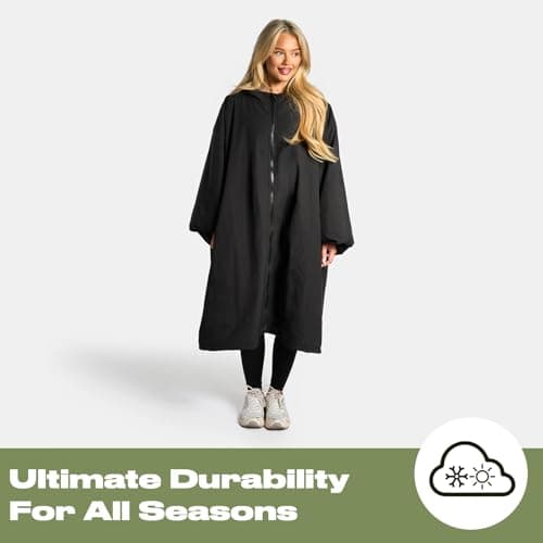 OHS Changing Rain Coat for Adults, Lightweight Breathable Waterproof Jacket for Swimming Surfing Packable Windbreaker Drying Robe with Pockets Active Outdoor Travel Jacket - Black — view 5