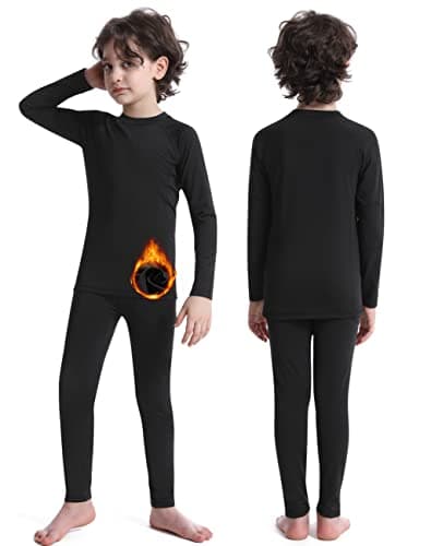 Roadbox Boys Thermal Underwear Set - Kids Fleece Lined Tops & Bottom Compression Soft Long Johns Base Layer for Skiing Black — view 2