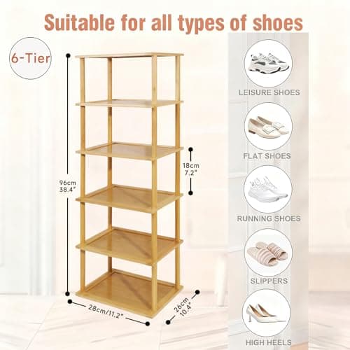 Aniston 6 Tier Vertical Small Shoe Rack Bamboo,Free Standing Slim Narrow Shoe Storage,Shoe Shelf Organiser for Garage Closet Doorway Garage Living Room Space Saving (6 Tier) — view 2