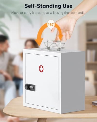 Uniclife Wall Mount Medicine Cabinet with Combination Lock & Handle Locking First Aid Lockable Medical Safe Storage Box Medium Medicine Organizer Secure Steel Wall Cabinet Metal Storage Box — view 3