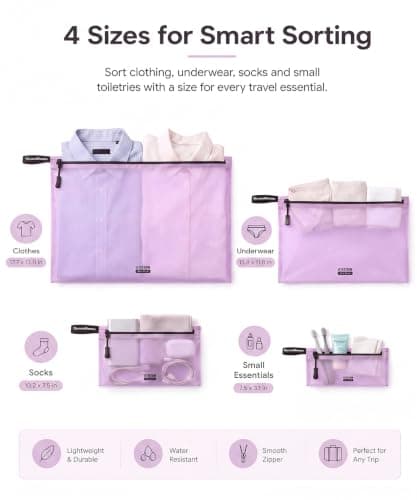 BBCREAT Packing Cubes for Travel, 4 Set Ultralight Travel Organizer Bags, Lightweight Nylon Zipper Pouches for Carry-On Suitcase, Clothes, Underwear, Toiletries and Small Essentials, Lavender Purple — view 2