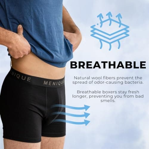 menique Men's 100% Merino Wool Boxer Shorts, Breathable L, Black — view 5