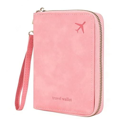 MUU RFID Blocking Travel Wallet Passport Holder, Pink PU Leather Document Organiser with Zipped Closure and Wrist Strap