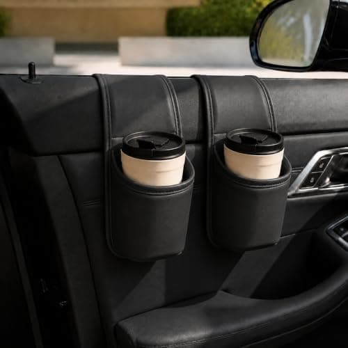 Leather Car Door Cup Holder, Wide-Mouth Organizer for Drinks & Phone
