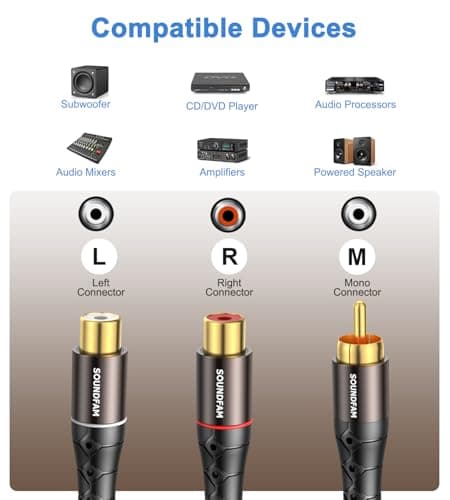SOUNDFAM RCA Y Splitter RCA Cable 1 Male to 2 Female Gold-Plated Plug Subwoofer Splitter Stereo Y Adapter for Subwoofer, TV, CD Player, Home Theater-Black(1Feet/30cm) — view 2