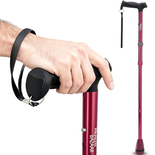 HEALTHBAZAAR All Terrain Walking Stick for Men & Women, Lightweight, Foldable, Adjustable, Shock Absorption, Collapsible Walking Stick for Seniors & Adults | HealthBazaar (Red)