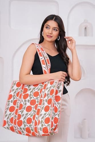 scorpionbliss Indian Cotton Quilted Tote Bag Women shoulder Bag Carry, shopping Beach Bag Summer Holiday Essentials Shopping Travel Bag with Pockets Handbags for Women (Orange-Flower) — view 5