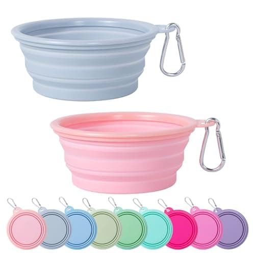 SLSON Collapsible Dog Bowl, 2 Pack Macaron Color Foldable Travel Dog Feeder Bowl Portable Silicone Pet Food Water Dish for Dogs Cats Camping Hiking (Macaron Coral and Light Grey)