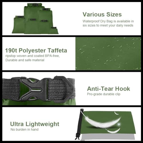 vsshe Waterproof Dry Bags 6PCS, Lightweight DryBags, Compression Sack Canoe Bag with1.5L, 2.5L, 3L 3.5L, 5L, 8L Sacks Bag for Kayaking Rafting Boating Hiking Camping Travel Backpacking Green — view 3