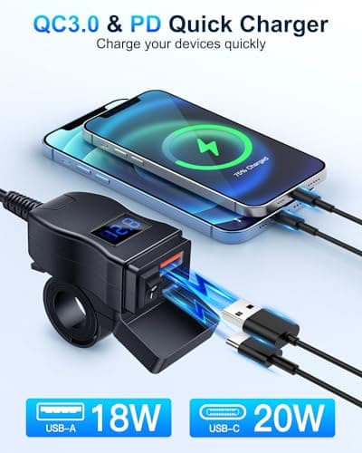 EXTRACTME Motorcycle USB Charger, Dual USB Type C PD & Quick Charge 3.0 Motorcycle Phone Charger with Voltmeter & ON/Off Switch, Waterproof Motorcycle Accessories for All Phone, Tablet, GPS - Red — view 2
