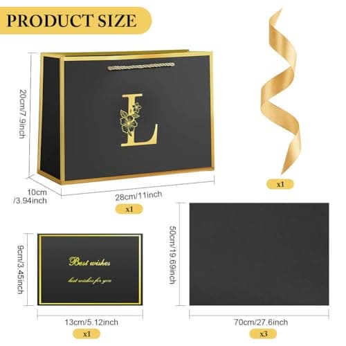 Vicloon Black Letter Birthday Gift Bag, 28 * 20 * 10cm Luxury Baby Girl Gift Bag with Handles and Gifts Card and Tissue Paper for Girls Womens Wedding Party Christmas Valentines Black L — view 2