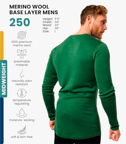 100% Merino Wool Base Layer Men - Long Sleeve Thermal Shirt + Hiking Socks (XX-Large, 250 Olive) — view 2