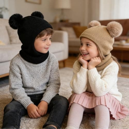 GYIOFAI 2 Pieces Kids Winter Warm Hat Scarf Baby Earflap Beanies Hood Pom Pom Toddler Hat Windproof Balaclava Kids 1-6 Years Outdoor Activities Snow Cap (Khaki and Black) — view 5