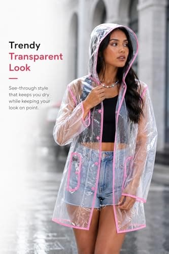 shelikes Women’s Raincoat Transparent Waterproof Rain Mac Jacket Clear Lightweight Raincoats with Hood & Pockets for Camping Outdoor Events & Travel Neon Pink — view 4