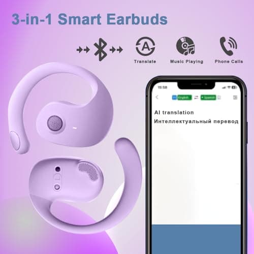 OWS AI Language Translator Earbuds Real Time, Supports 144 Languages, Earphone 3-in-1 Accents，Headphones Language Earbud Translators Bluetooth & APP for Travel, Business, and Learning（Purple） — view 6