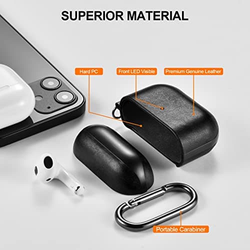 Case for AirPods 3 2021, ICARER Premium Genuine Leather Portable Shockproof Protective Case Cover for Apple AirPods 3rd 2021 Earphones Charging Case (LED Visible) Support Wireless Charger (Black) — view 2