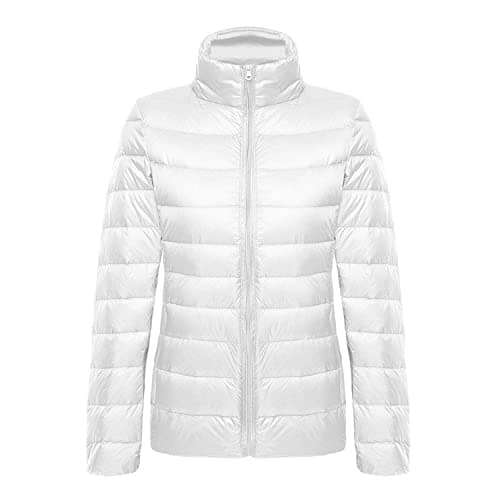 Womens Ultra Lightweight Packable Winter Warm Down Jacket Soft Solid Full Zip Puffer Outwear Coat White — view 2