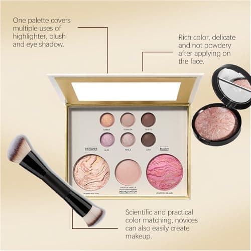 Baked Makeup Set Face Palette 3Pcs All-in-one Starter Make up Kit,Includes Powder Foundation,Bronzer, Blush, Highlighter and 6 Eyeshadows and Brush,Travel Gift Set for Women (Gold 3PCS) — view 5
