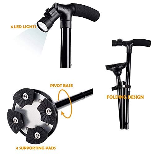 Folding Cane with Led Light, Adjustable Canes and Walking Sticks for Men and Women, Walking Cane Stick for Elderly with Cushion T Handle and Pivoting Quad Base… — view 3