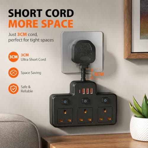 Multi Plug Extension, Short Extension Lead, 3 Way 4 USB Plug Adapter — view 4