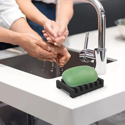 ZHjuju Soap Dishes,2 Pcs Soap Dish with Drain Spout Silicone Rubber Drainer Dishes Soap Holder Soap Tray Soap Case Holder for Kitchen Shower Room Bathroom,Black — view 6