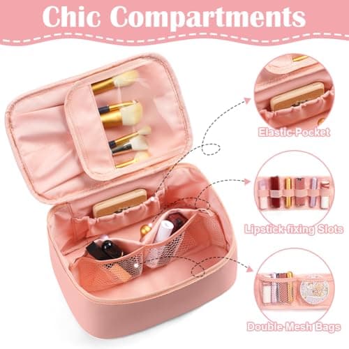 Aucuu Travel Makeup Bag, Portable Cosmetic Bag with Removable Divider, PU Leather Water-Resistant Toiletry Bag, Makeup Organiser Bag with Brush Organiser and Handle, Essentials for Women Travel — view 3