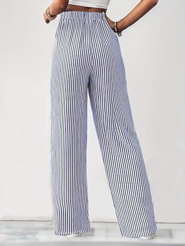 Women's Casual Striped Pants Drawstring Elastic Waist Straight Wide Leg Trousers with Pockets Casual Lightweight Comfortable Dress Work Palazzo Pants Loose Outdoor Holiday Travel Slacks Blue Small — view 3