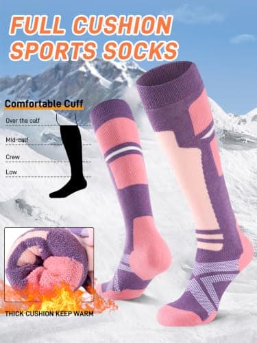 Niorasen Merino Wool Ski Socks Women, 2 Pairs Thermal Knee-High Socks for Winter, Full Cushion Thick Socks, Skiing, Snowboarding, Outdoor Sports, Hunting, Hiking, Pink/Purple 2 Pairs, UK 3-8 — view 4