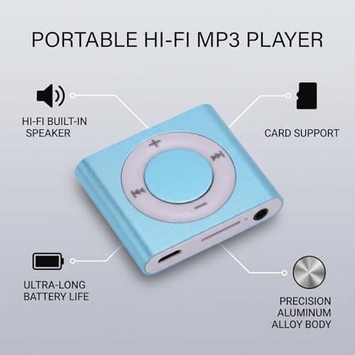 Cocoarm MP3 Player Aluminum Alloy Music Player with Built in Speaker 64GB Card Support HiFi Sound 18 Hour Playback 3.5mm Earphones for Students Running Travel (Light Blue) — view 4