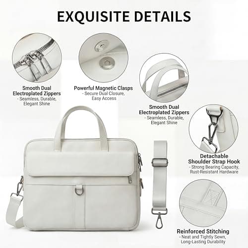 seyfocnia Laptop Bag, 15.6 Inch Briefcase, PU Leather Messenger Bag for Women Water Resistant Business Travel, Work Computer Bag Satchel Handbag, White — view 5