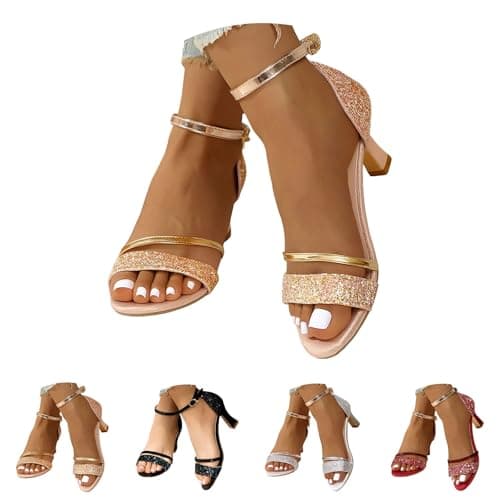 Womens Open Toe Block Heels Ladies High Heel Sandals Sparkly Summer Heeled Buckle Adjustable Elegant Retro Wide Platform Comfortable Casual Walking Outdoor Shoes (Gold, 5) — view 2