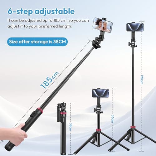 ULANZI MT-78 185cm Extendable Phone Tripod, 72.83" Selfie Stick Bluetooth, 3 in 1 Camera Tripod Stand with Clip, 360° Ball Head, Quick Release plate, Cold Shoe, for iPhone Sumsung DSLR Sony Canon Fuji — view 2